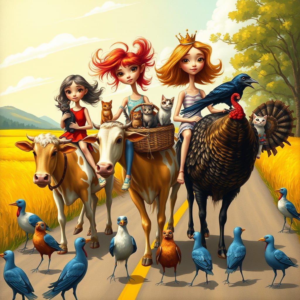Whimsical Girls Ride Animals on Sunny Summer Day