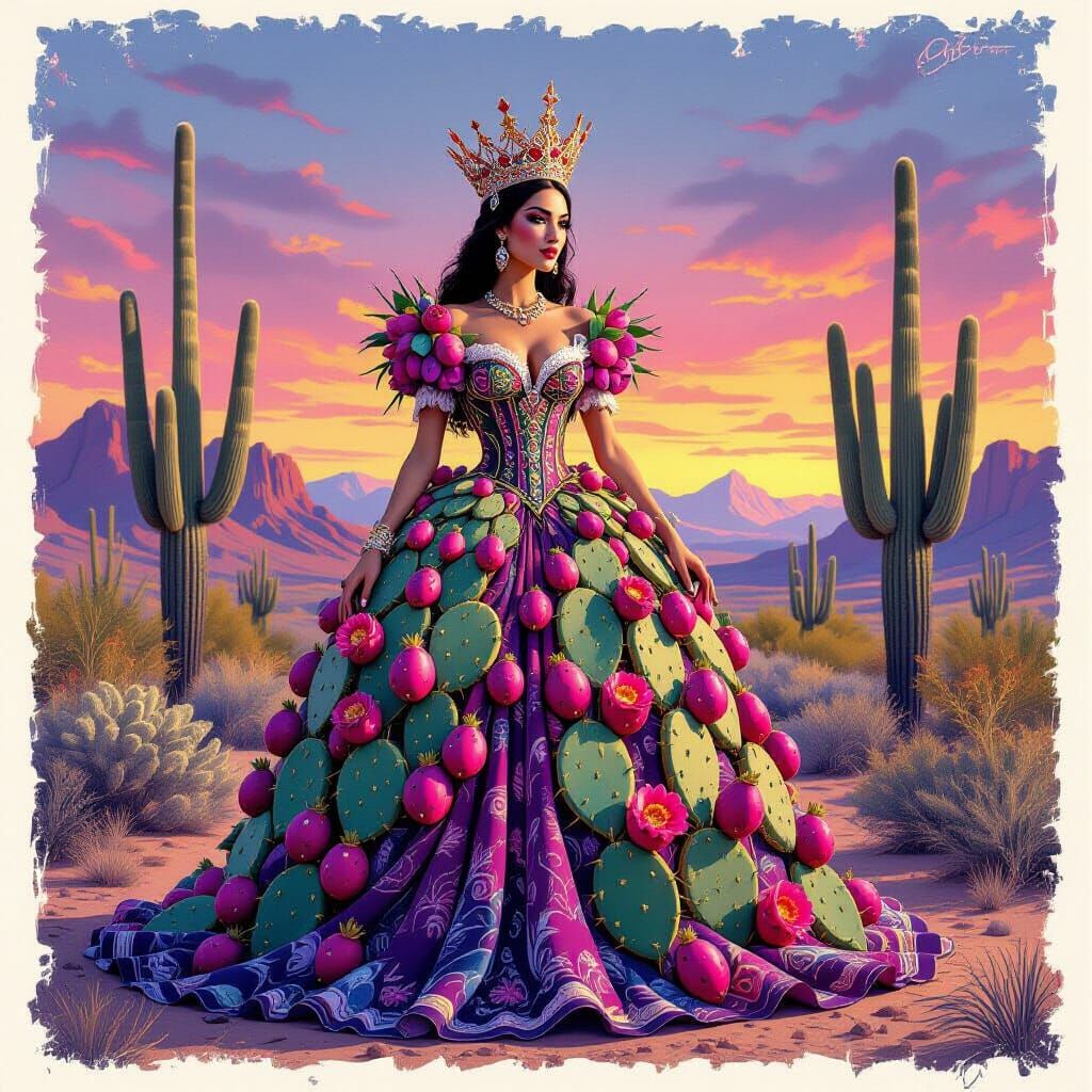 Regal Desert Queen with Cactus Crown and Vibrant Fruit