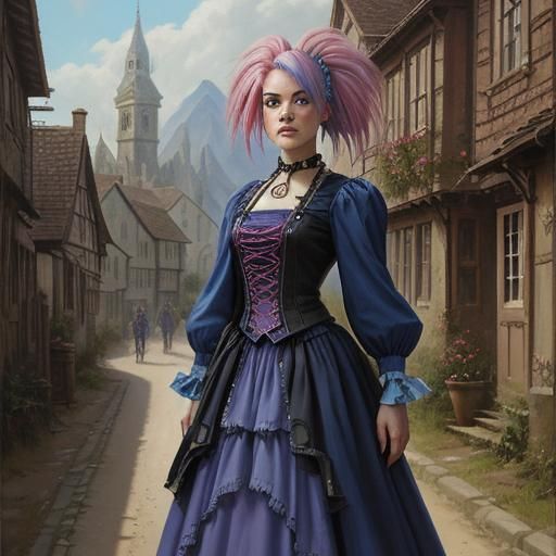 Steampunk Punk Girl in Village, Oil Painting Style