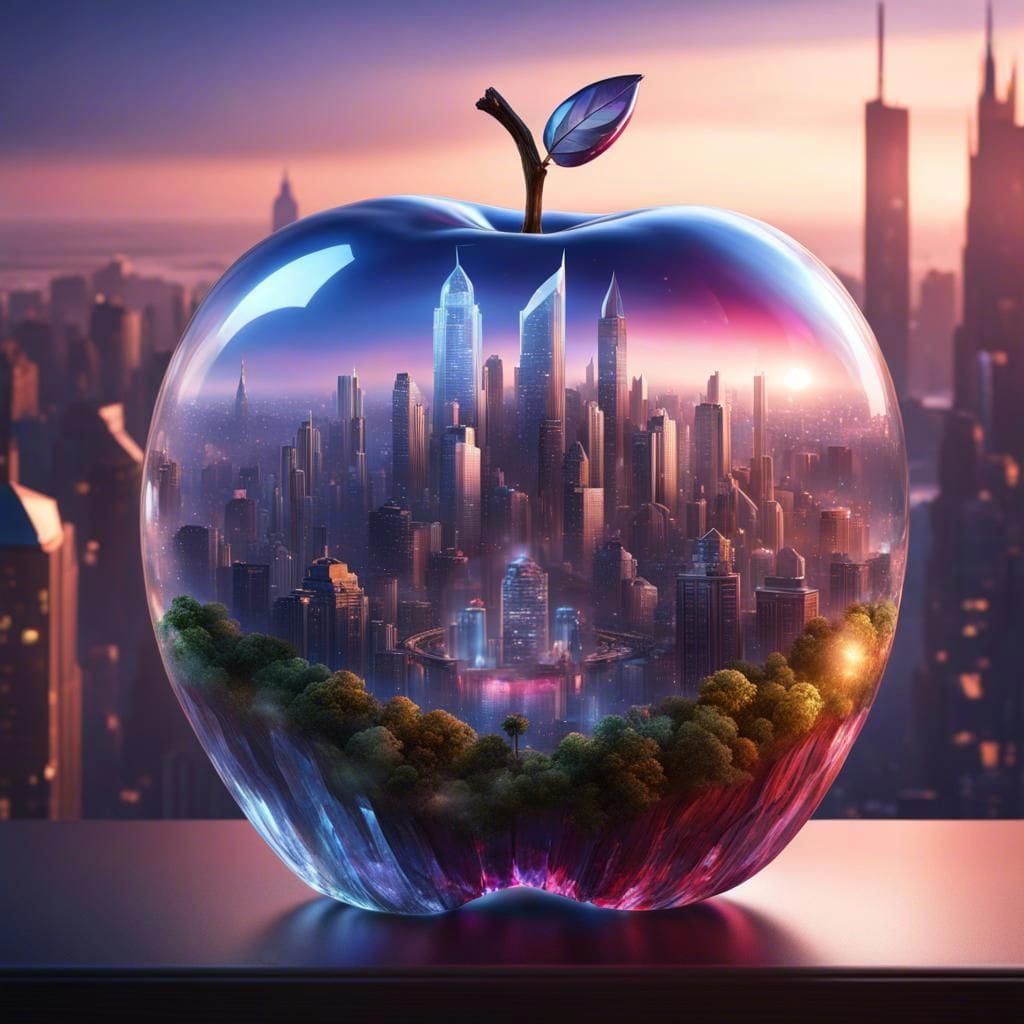 Crystal Apple Cityscape: Fantastical Digital Art