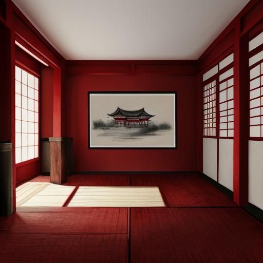 Oriental Dojo Interior in Red Ink Wash Painting
