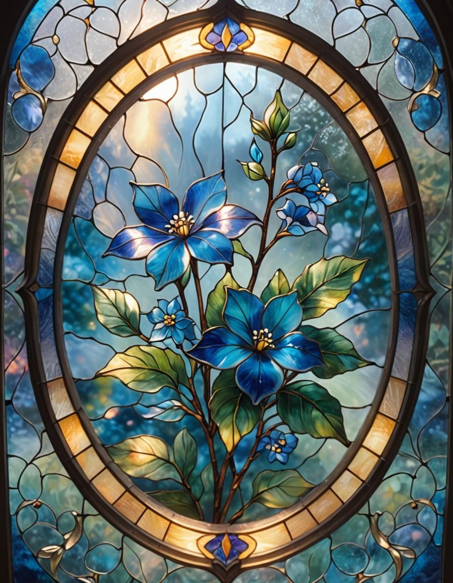 Stained Glass Blue-Liver Leaf Flower Art