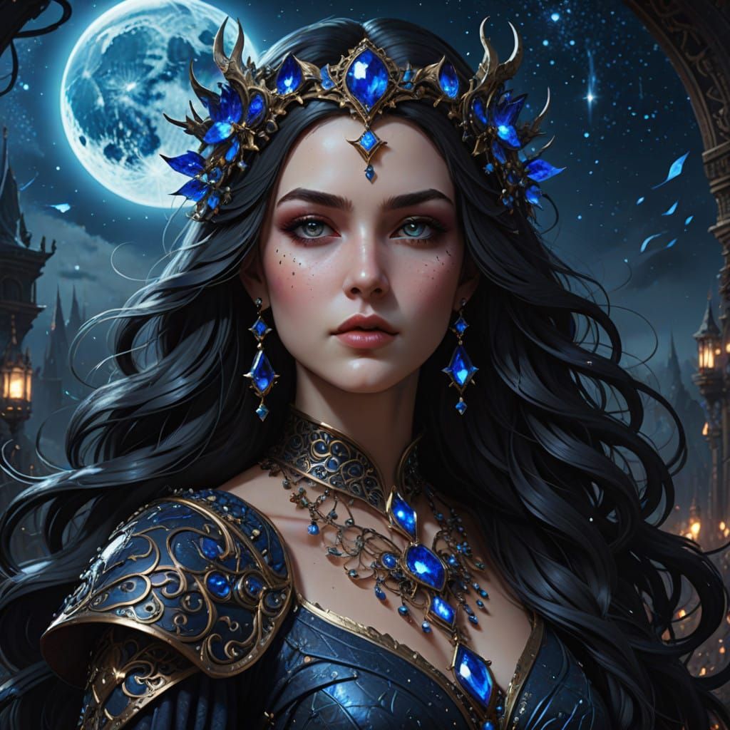 A stunning, big, close portrait of Nyx, the majestic and gentle Goddess of the Night, in her mysterious night attire.