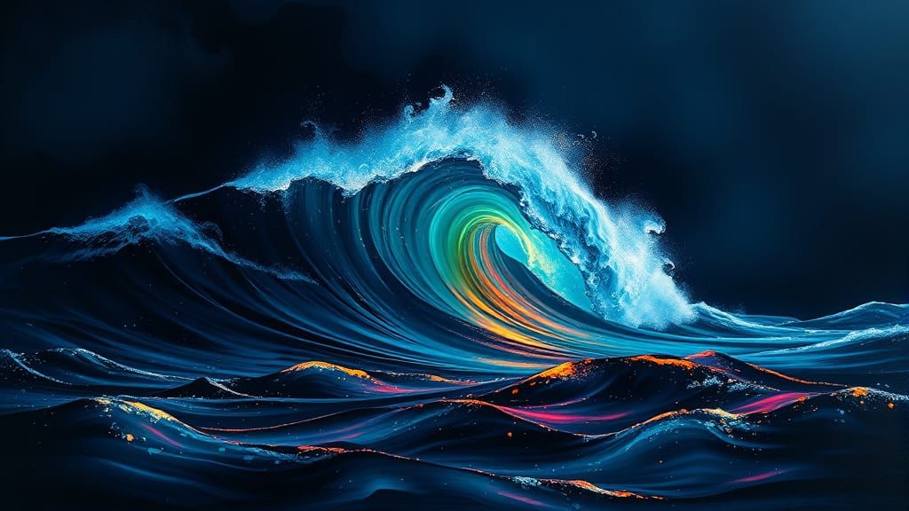 Bioluminescent Ocean Waves in Smeared Painting Style