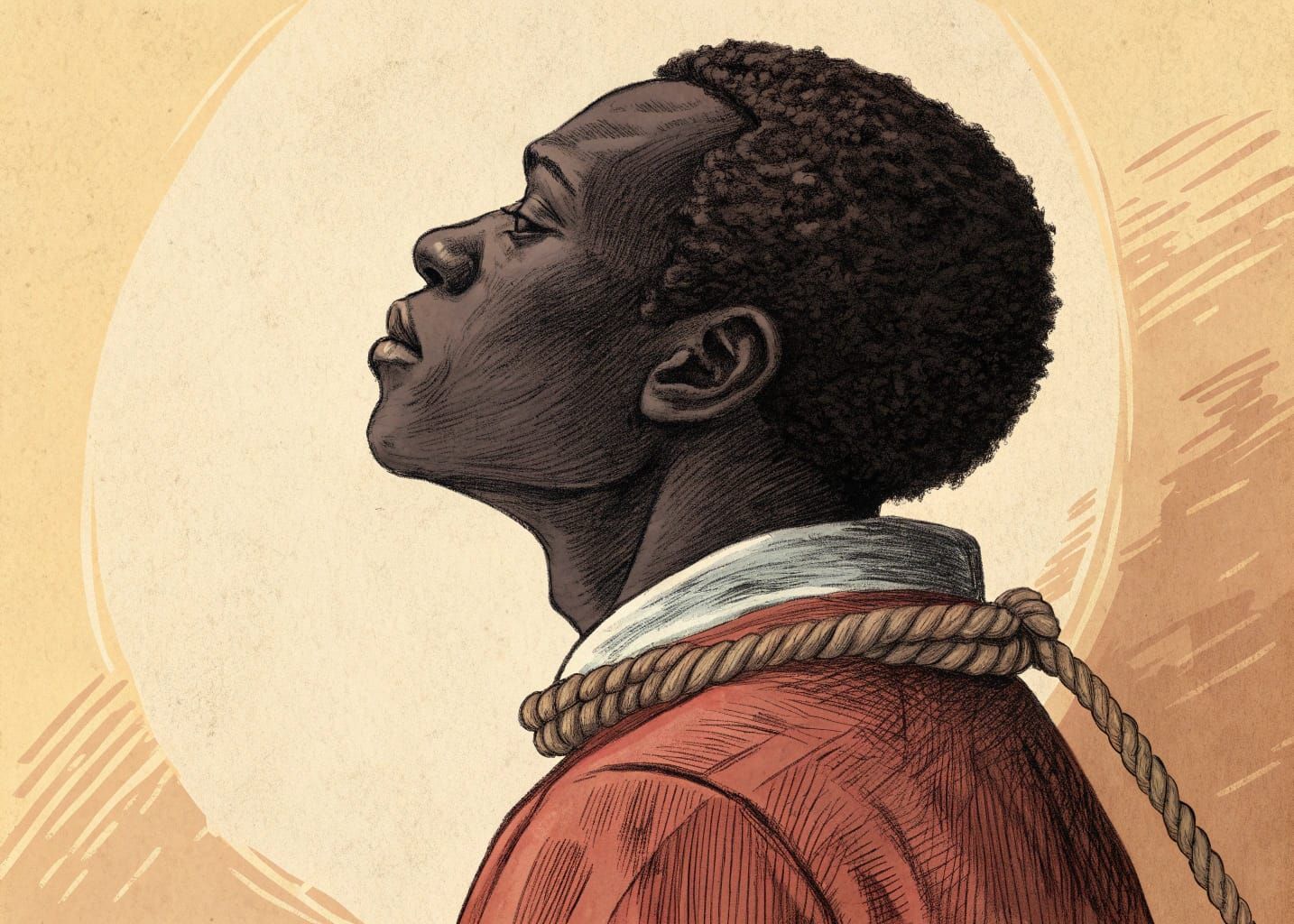 Dark Skinned Figure Mimics Guillotine Motion, Ocher Tones