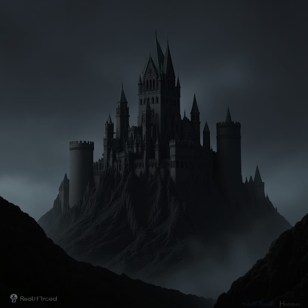 Majestic Black Castle on Mist-Shrouded Mountain