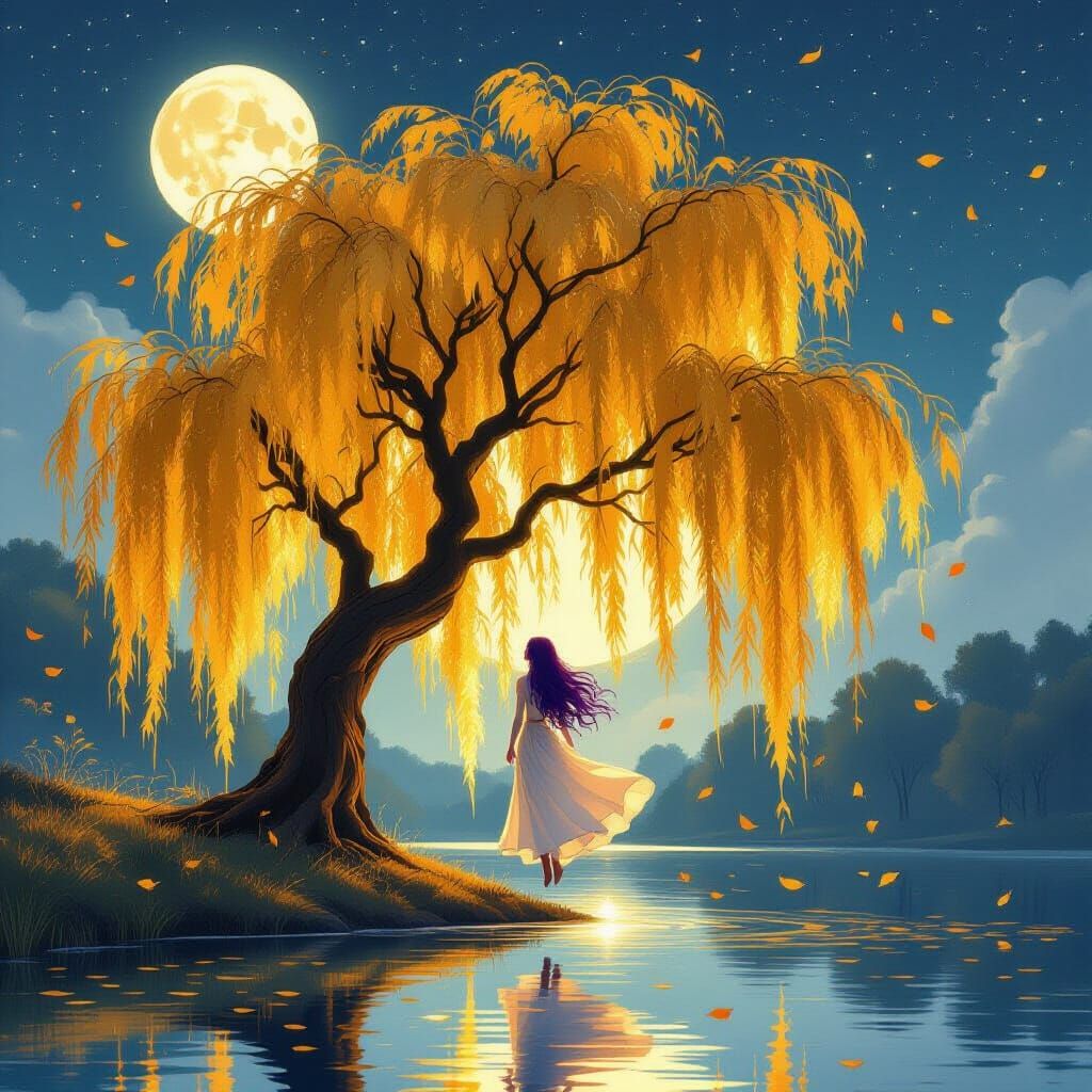 Lunar Willow with Floating Woman, Digital Art