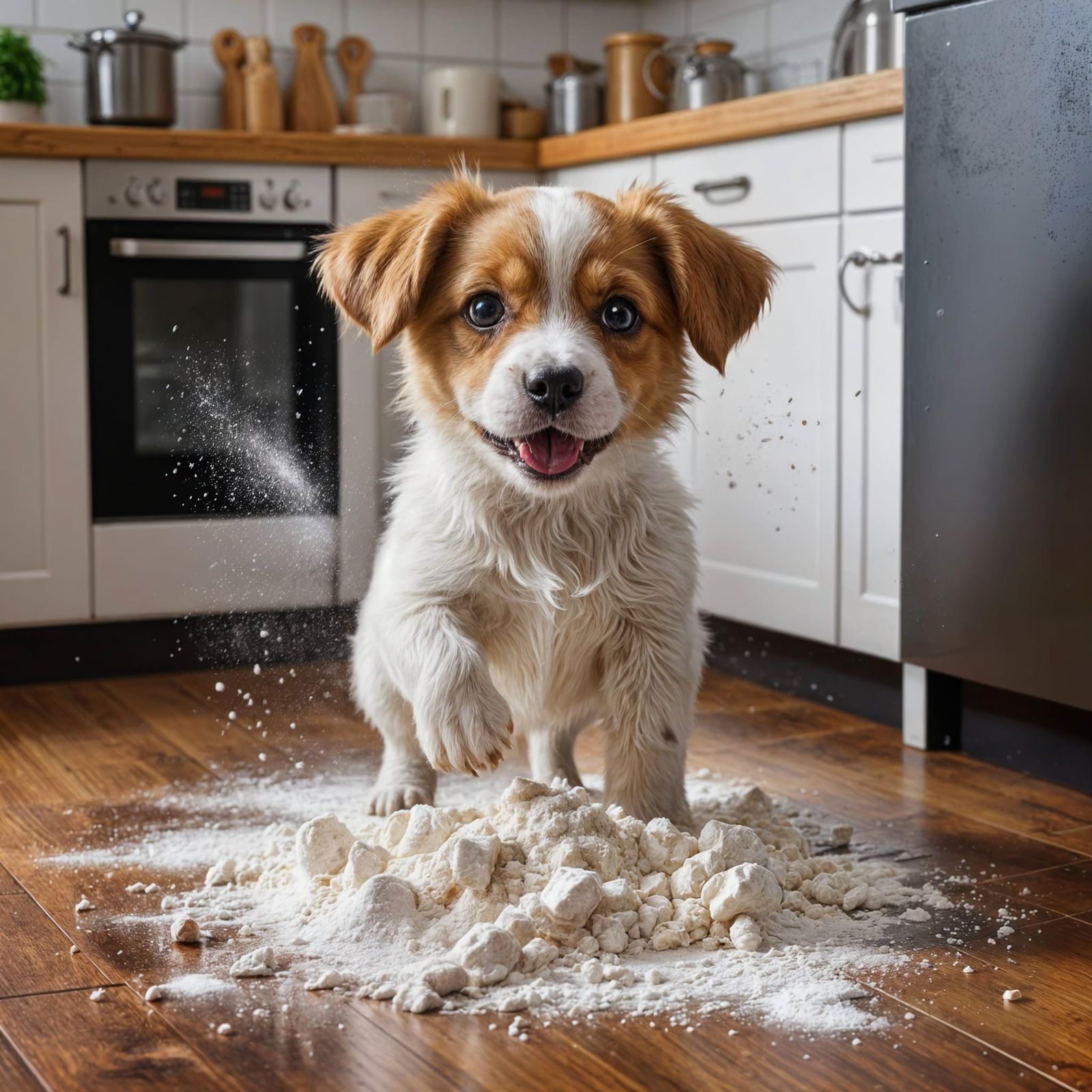 Playful Puppy Causes Kitchen Chaos in Realistic Cartoon Styl...