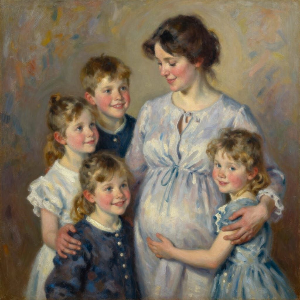 Tender Family Moment: Pregnant Mother and Three Children