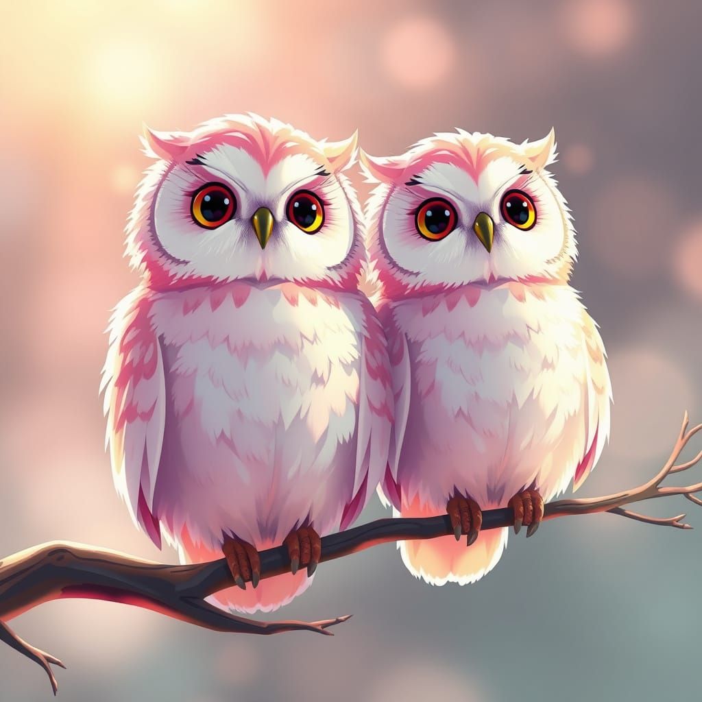 Surreal Anime Pastel Owls Perch on Delicate Branch