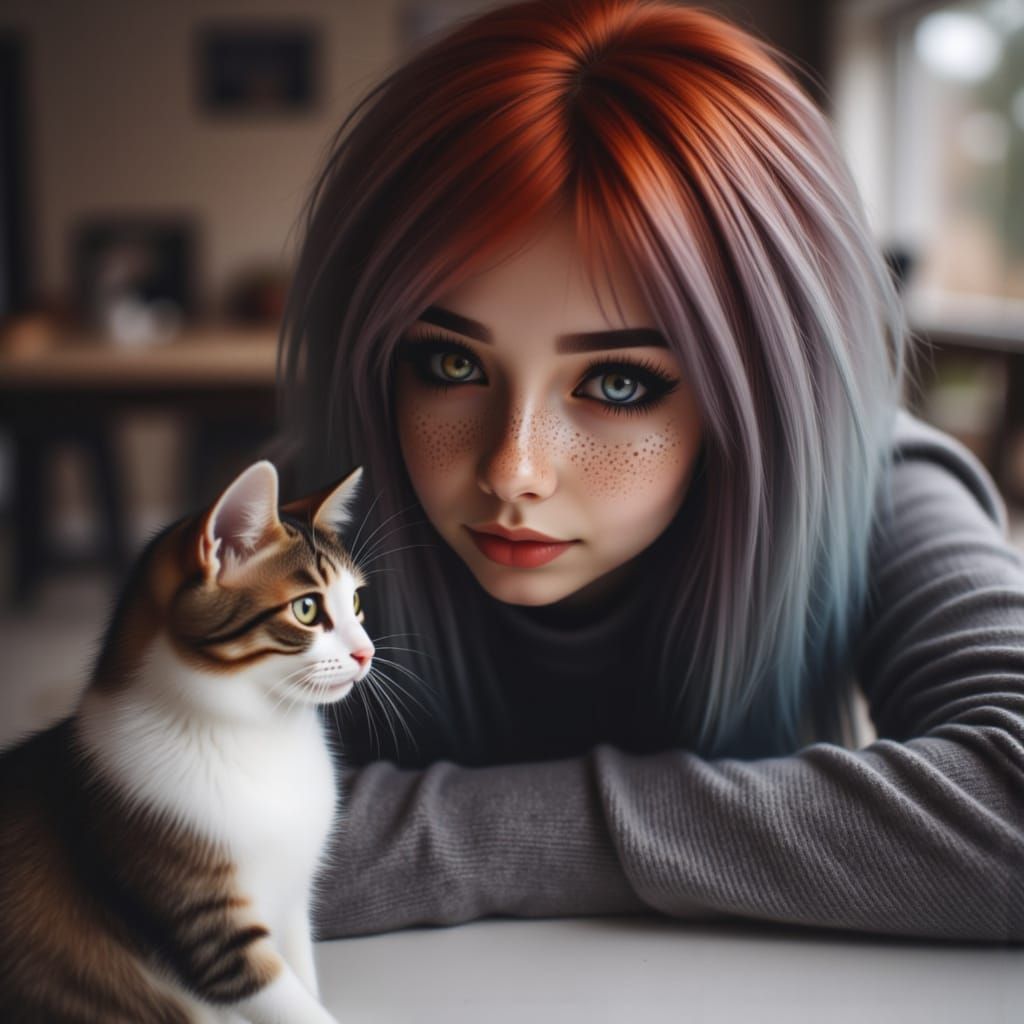 Woman With Red And Grey Hair With Cat