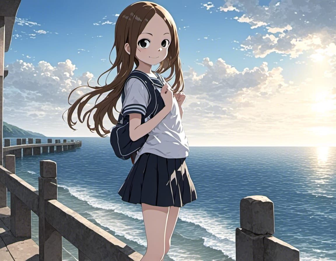 Cute Student Gazing at Sea: High Fashion Portrait