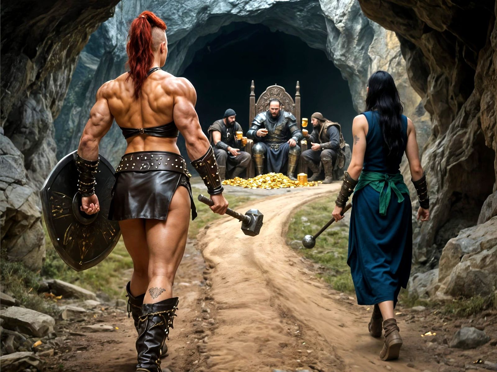 Amazonian Warrior Confronts Bandits in Distant Cavern