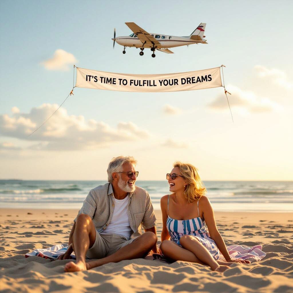 Joyful Couple Celebrates Dreams on Golden Hour Beach