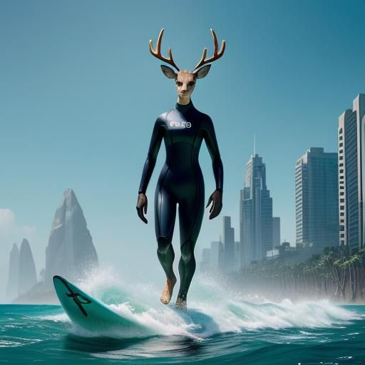 Giant Anthro Deer Surfer Walking to Beach