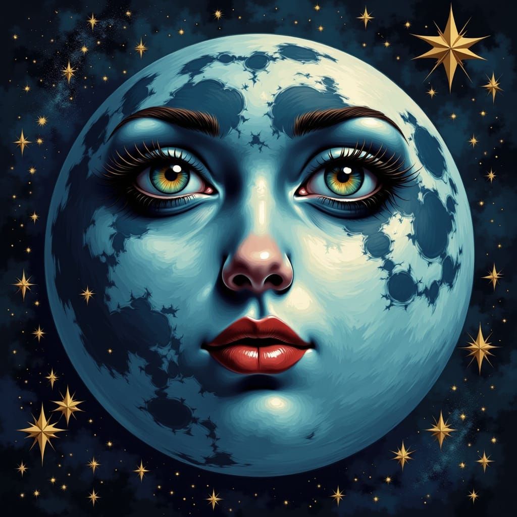 Cosmic Woman Under Full Moon in Celestial Blue and Gold