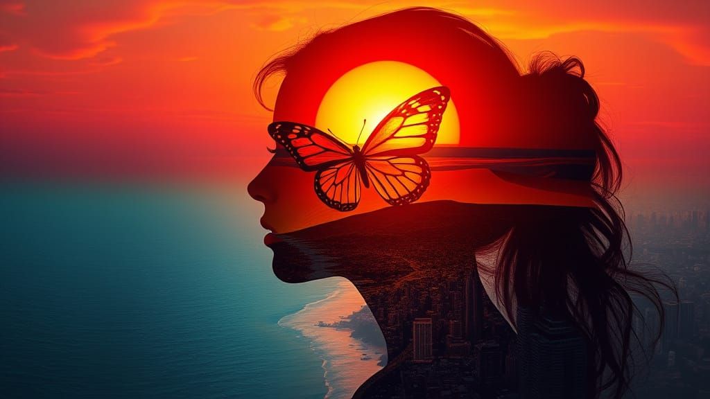 Silhouette with Sea, Desert, and City Layers