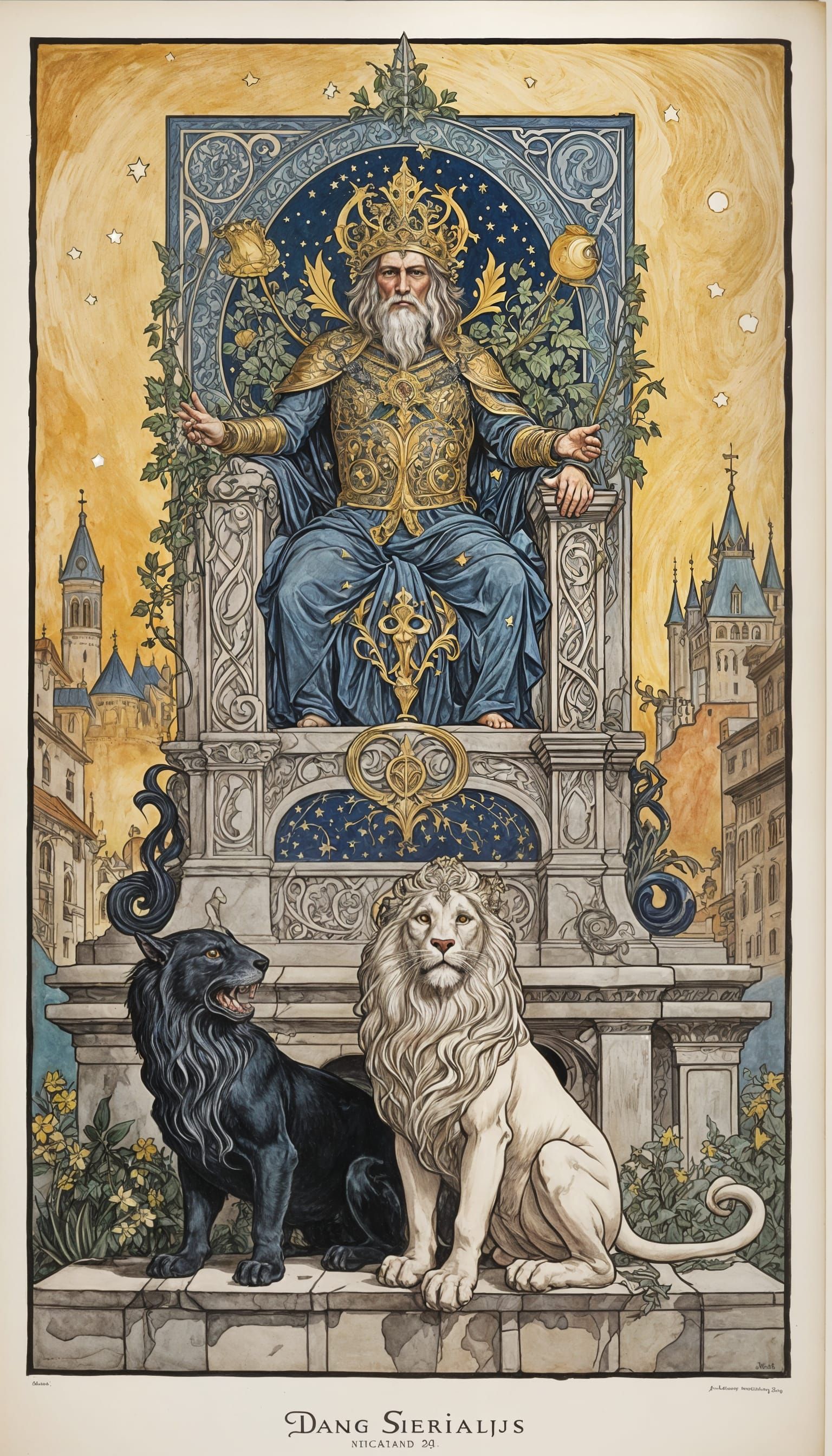 Regal Warrior in Golden Armor Grasps Majestic Victory Chario...