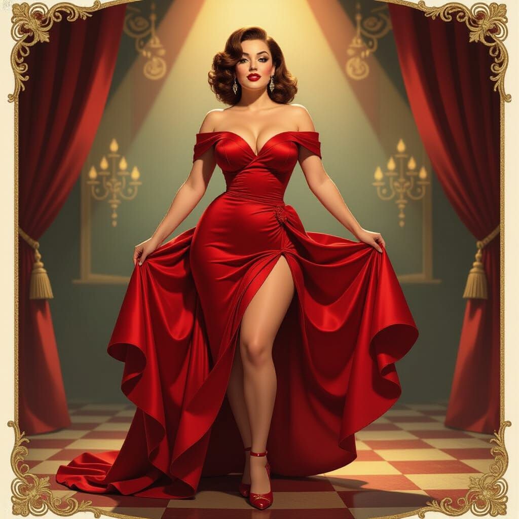 Pin-Up Art: Woman in Dramatic Moulin Rouge Dress on Stage