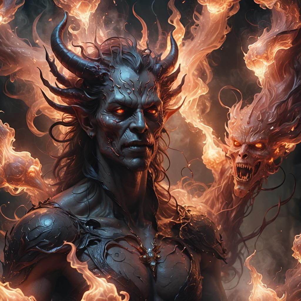 Ethereal Demon with Glowing Heads: Digital Illustration