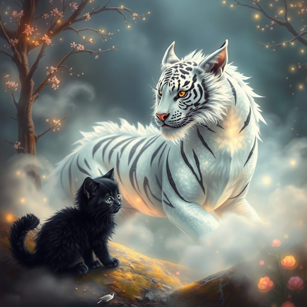 Whimsical Tiger Dragon Meets Kitten in Dreamy Ethereal Lands...