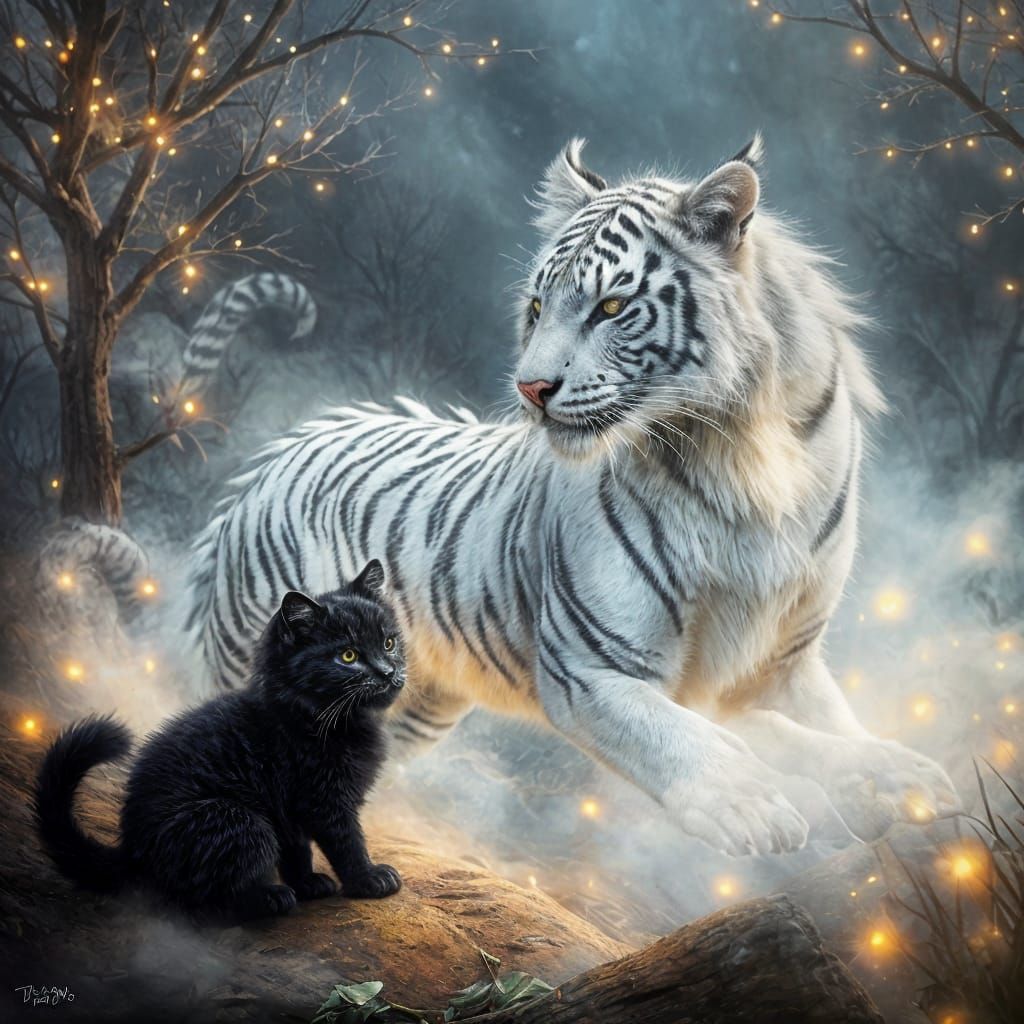 Whimsical Dreamscapes of Feline Encounter with Mythical Drag...