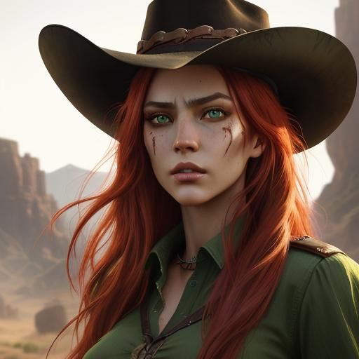 Wild West Woman with Green Eyes in Hyperrealistic Style