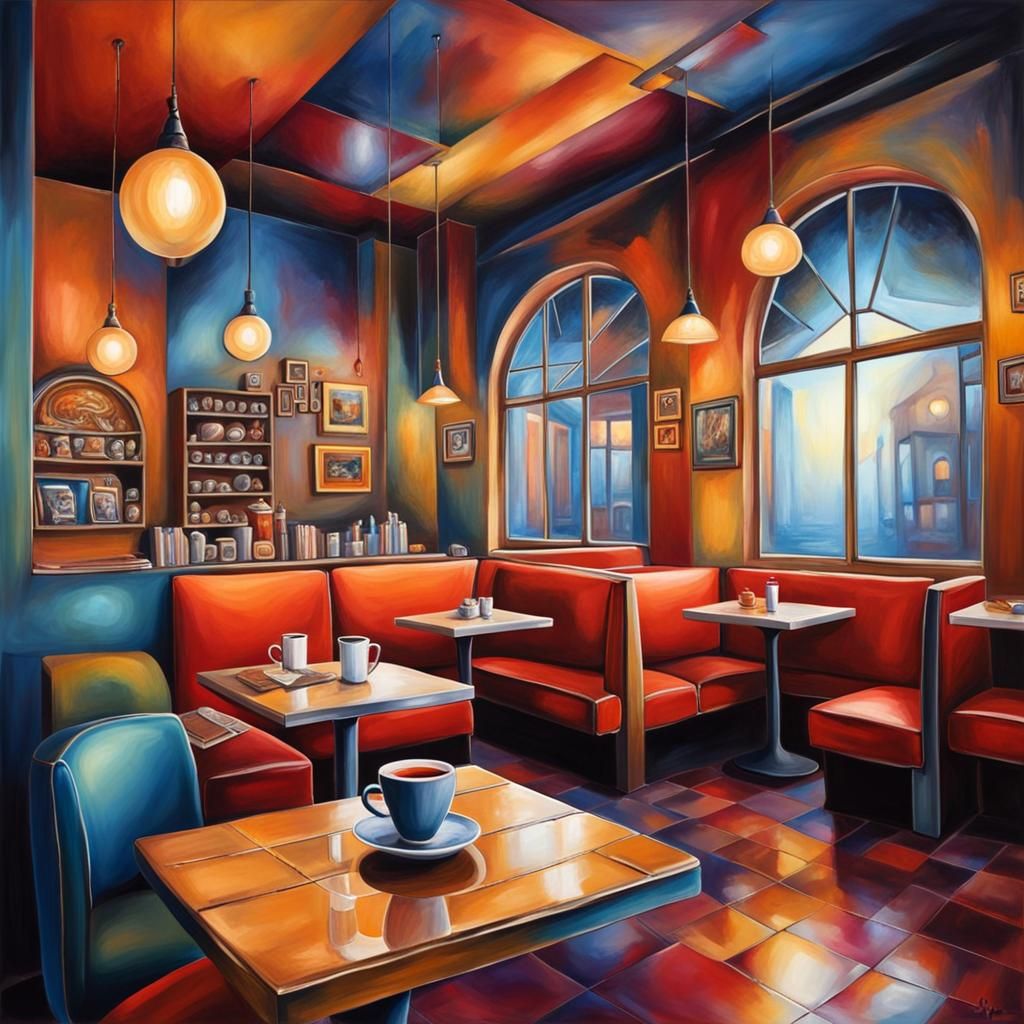 Hyperrealistic Abstract Cafe Fantasy in Complementary Colors