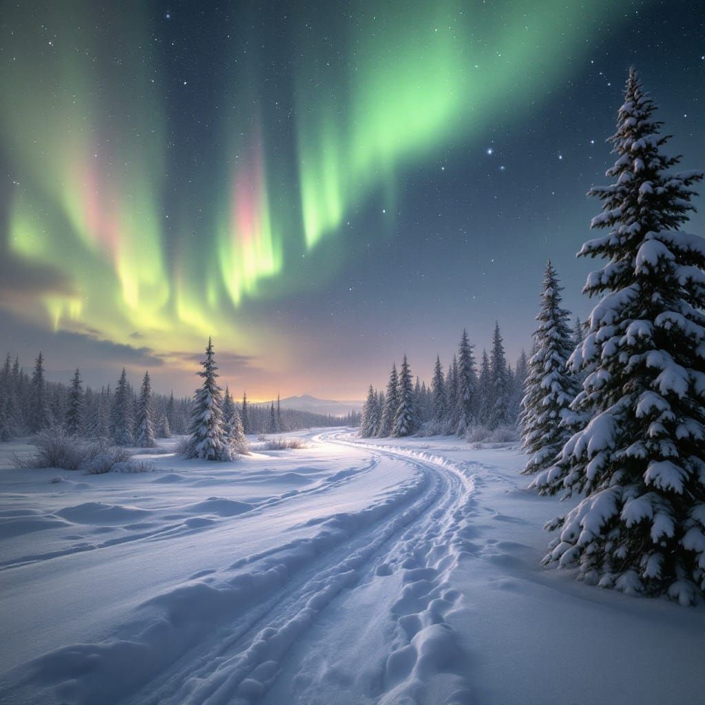 Northern Lights Dance Above Snowy North Pole Landscape