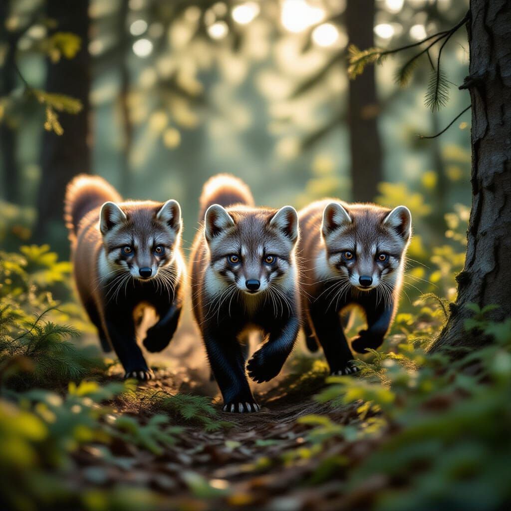 Three Pine Martens Running in Sunlit Forest