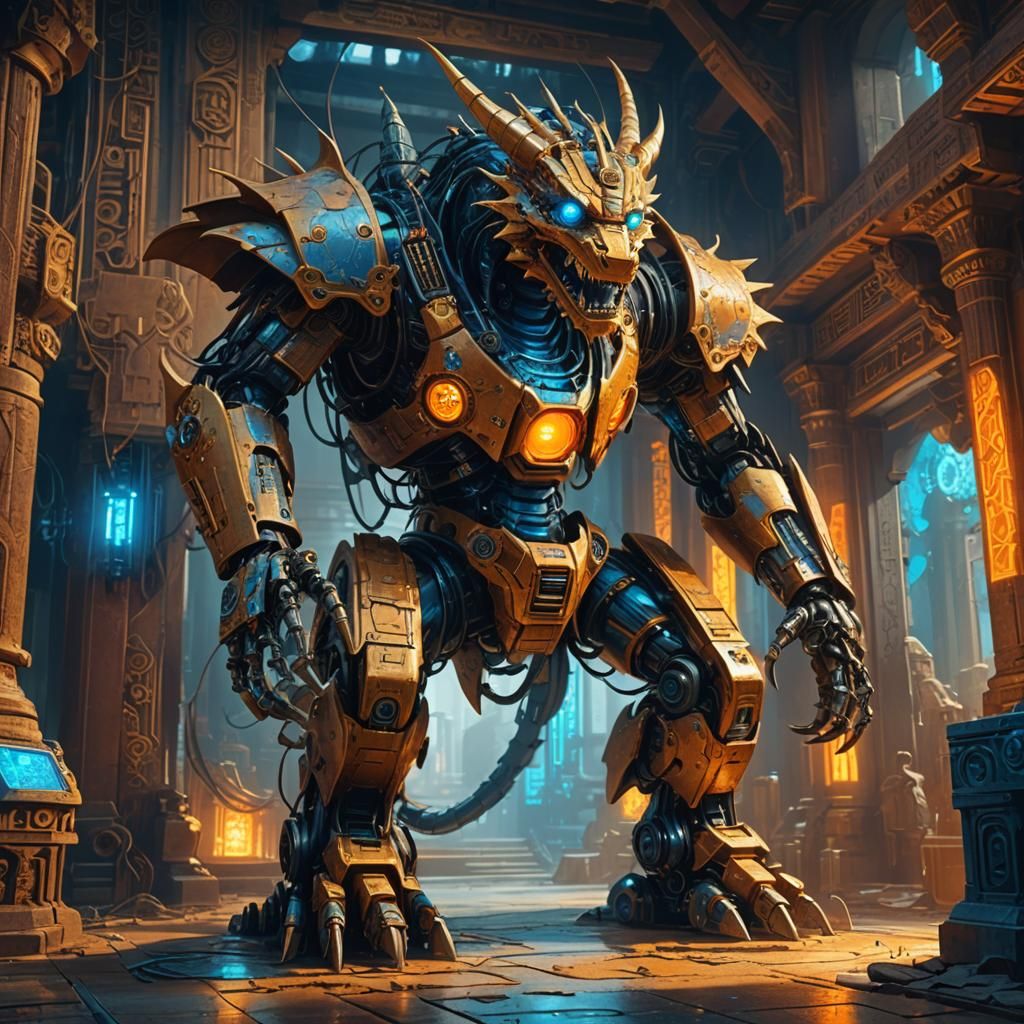 Robot Dragon in Ancient Temple: Digital Matte Painting