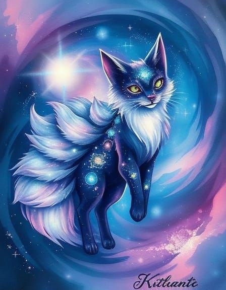 Cosmic Kitsune Emerges from Nebula in Watercolor Style