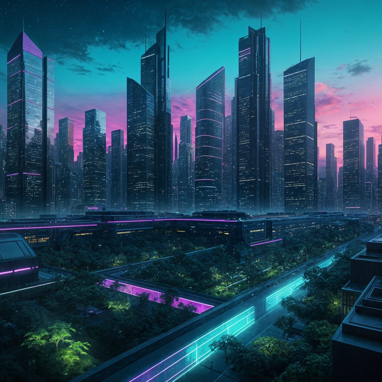 Futuristic Cityscape at Dusk in Digital Art Style