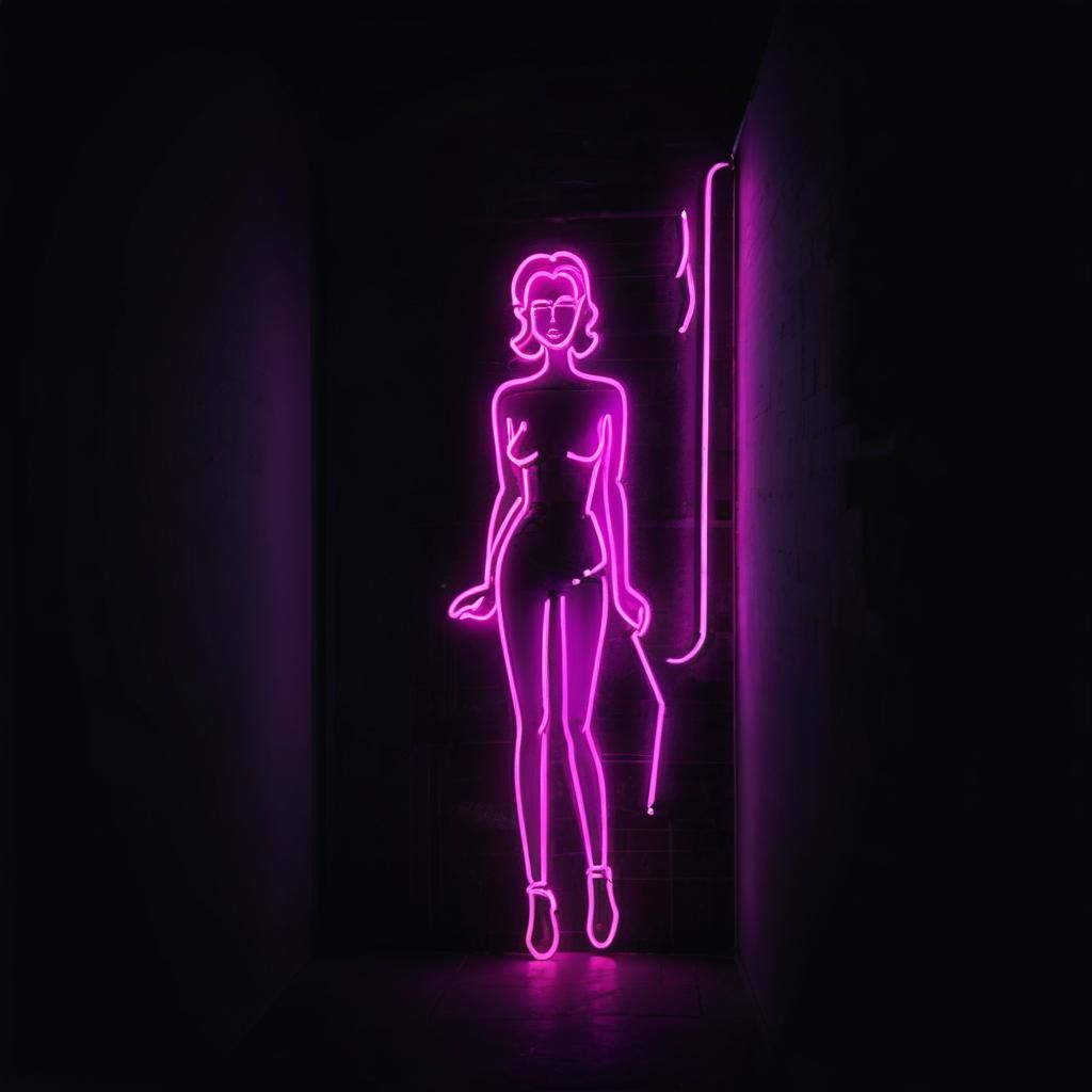 Neon Woman Sign Against Dark Night Wall