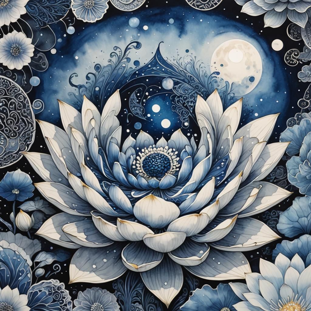 Luminous Ying Yang Lotus in Ink Wash Painting