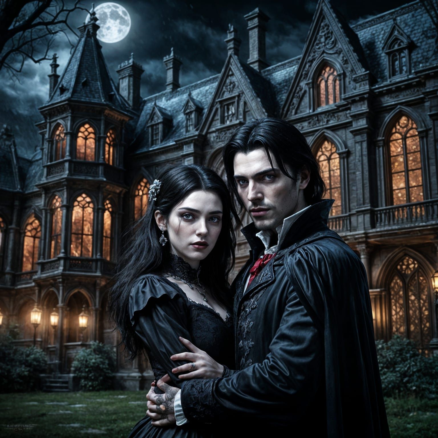 Gothic Vampire Couple in Love: Hyperrealistic Art