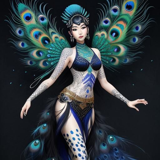 Abstract Asian Woman with Peacock Feathers