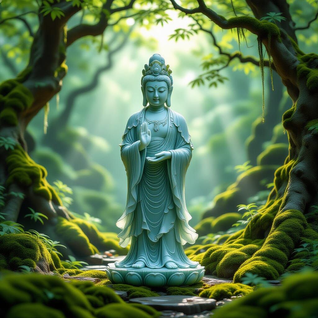 Serene Jade Bodhisattva Statue in Lush Grove