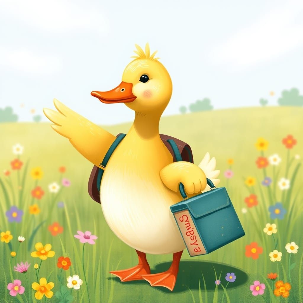 Duck's Sunny Meadow Farewell: A Whimsical Illustration
