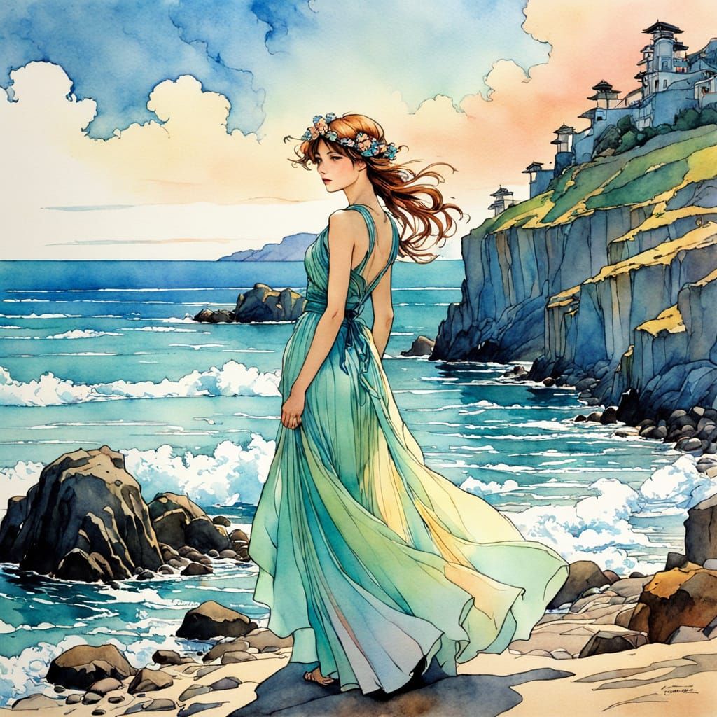 Colorful Seashore in Art Nouveau Manga Style