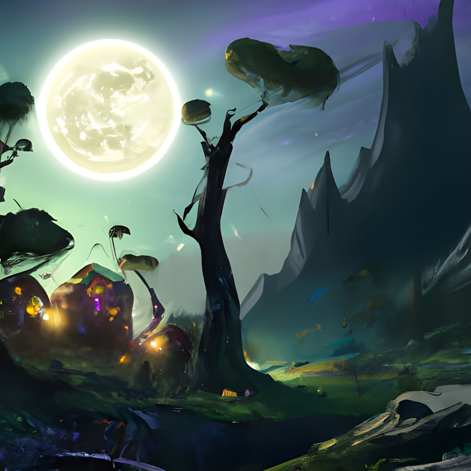 Elven Landscape Under Full Moon, Artstation Quality