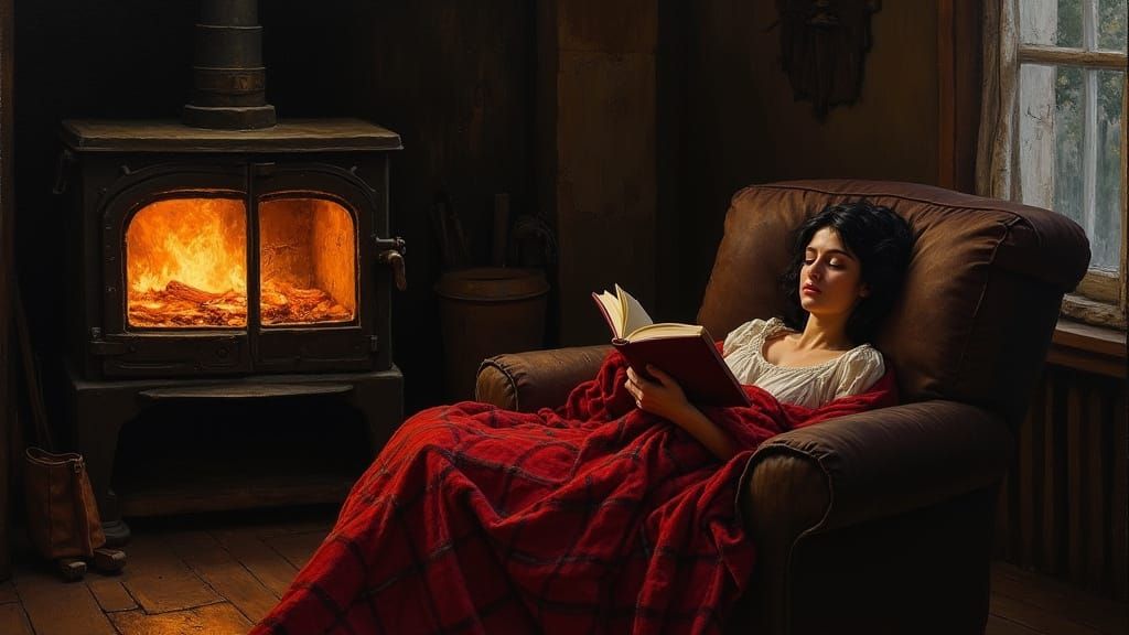 Cozy Village Room with Fireplace and Sleeping Woman