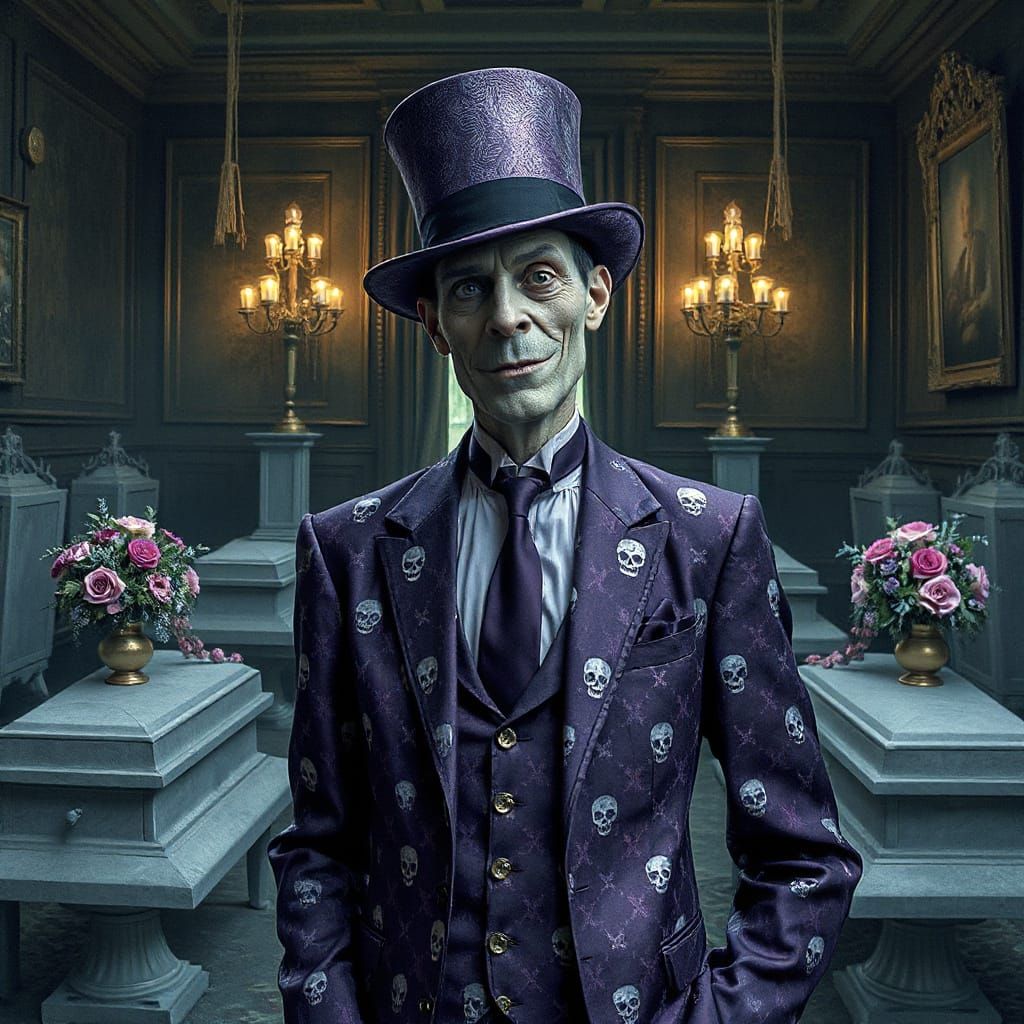 Gothic Funeral Parlor Undertaker in Vibrant Purple Suit