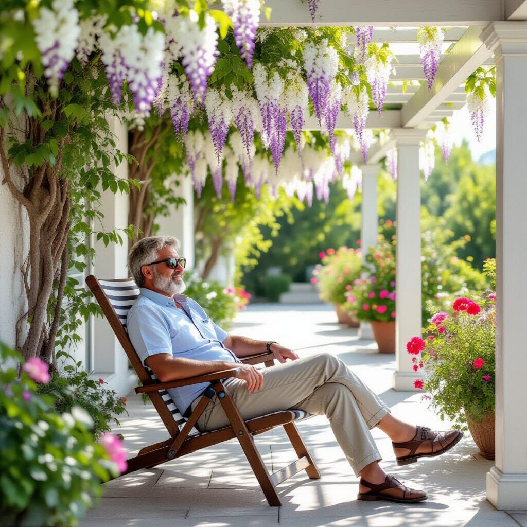 Italian Geologist Resting Under Wisteria Pergola