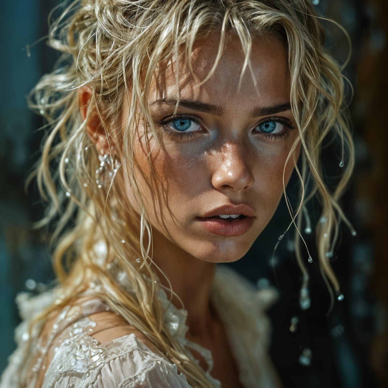 Blonde Woman in Rain: Hyperrealistic Splash Art