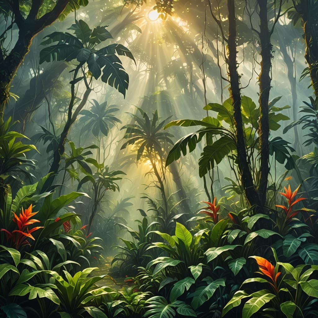 Lush Tropical Jungle Oil Painting in Triadic Colors