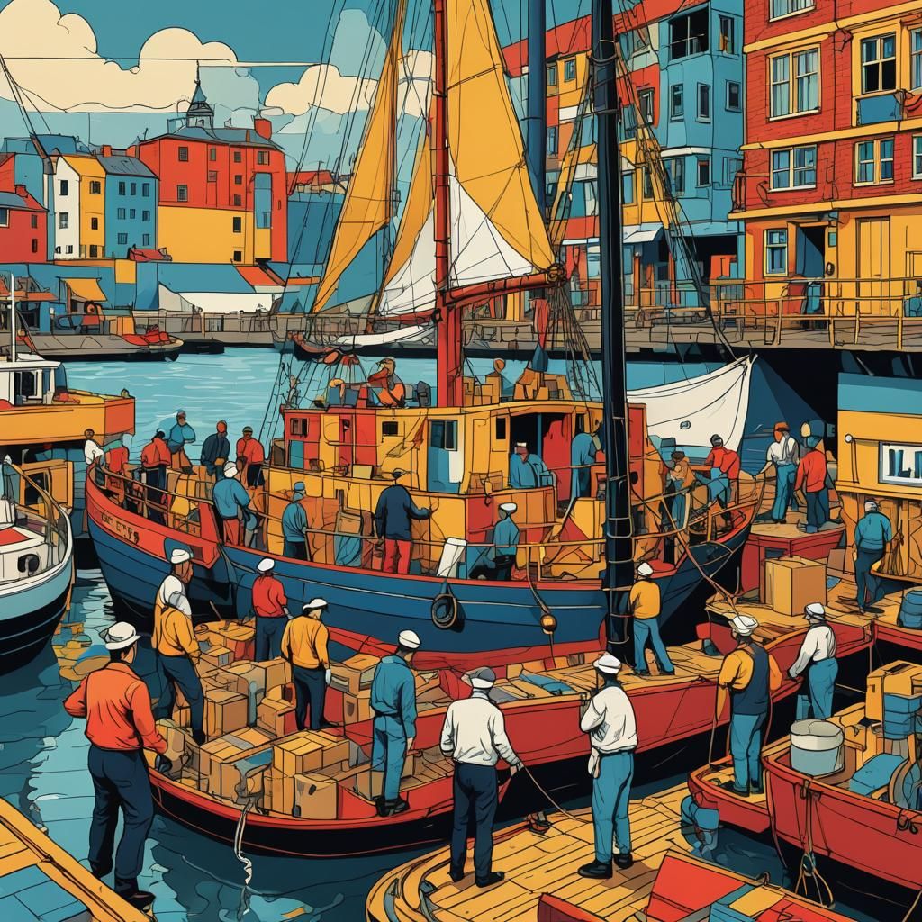 Pop Art Sailors Unloading Cargo in English Port