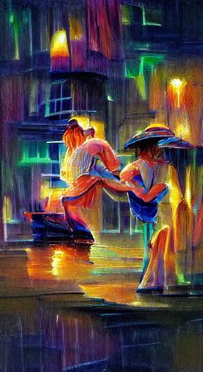 Couple Dancing in Neon Rain, Watercolor Style