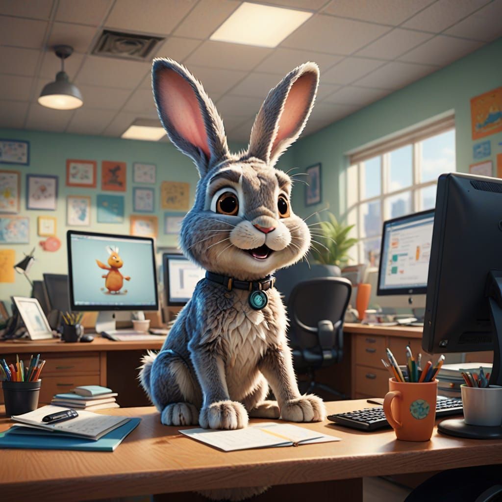 Whimsical Office Bunny Spreads Joy in Vibrant Watercolor