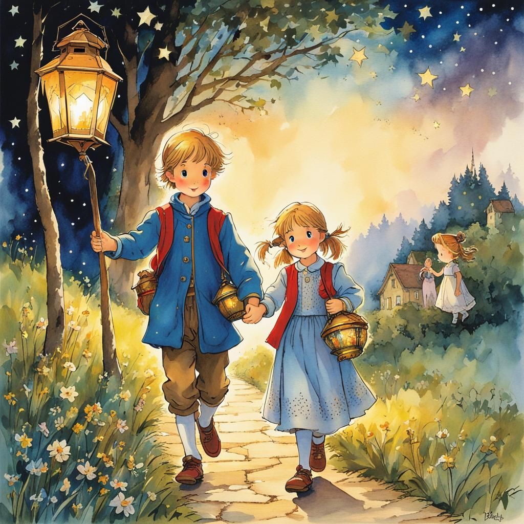 Medieval Sibling Journey Under Starry Skies